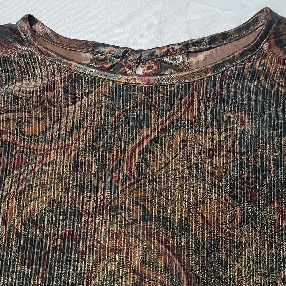 Paisley Pleated Metallic Blouse Womens L Bronze Gold Short Sleeve Top Glam - Picture 1 of 7